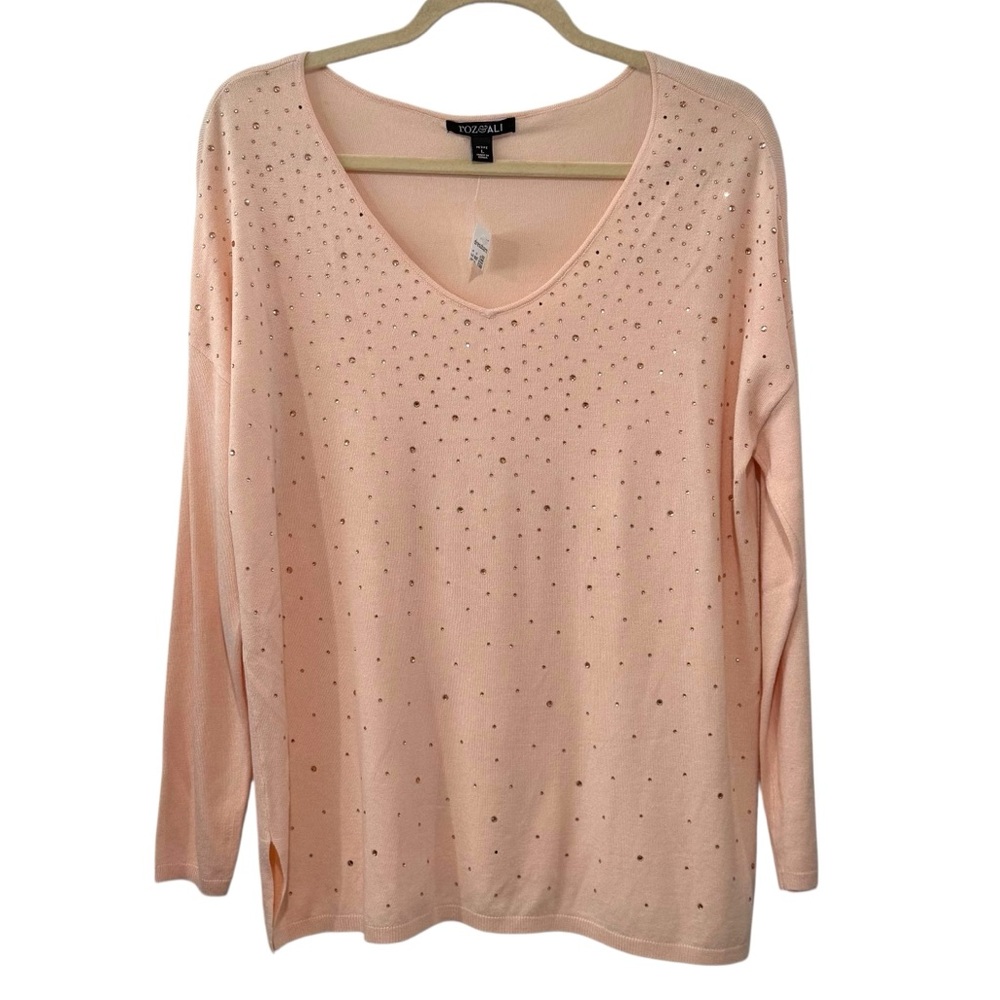 NWT Roz & Ali Petite Large Light Pink Rhinestone Lightweight Sweater